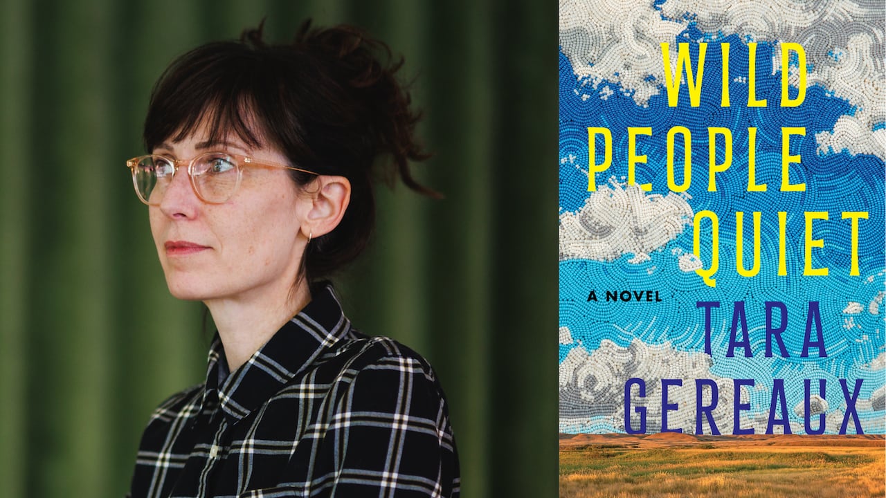 A headshot of a woman with her hair in a bun wearing glasses looking left. A book cover of a beaded sky over a Saskatchewan plain.