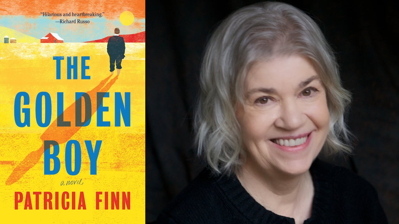 A yellow book cover of a man walking in a golden field. A headshot of a woman with a grey-blonde bob. 