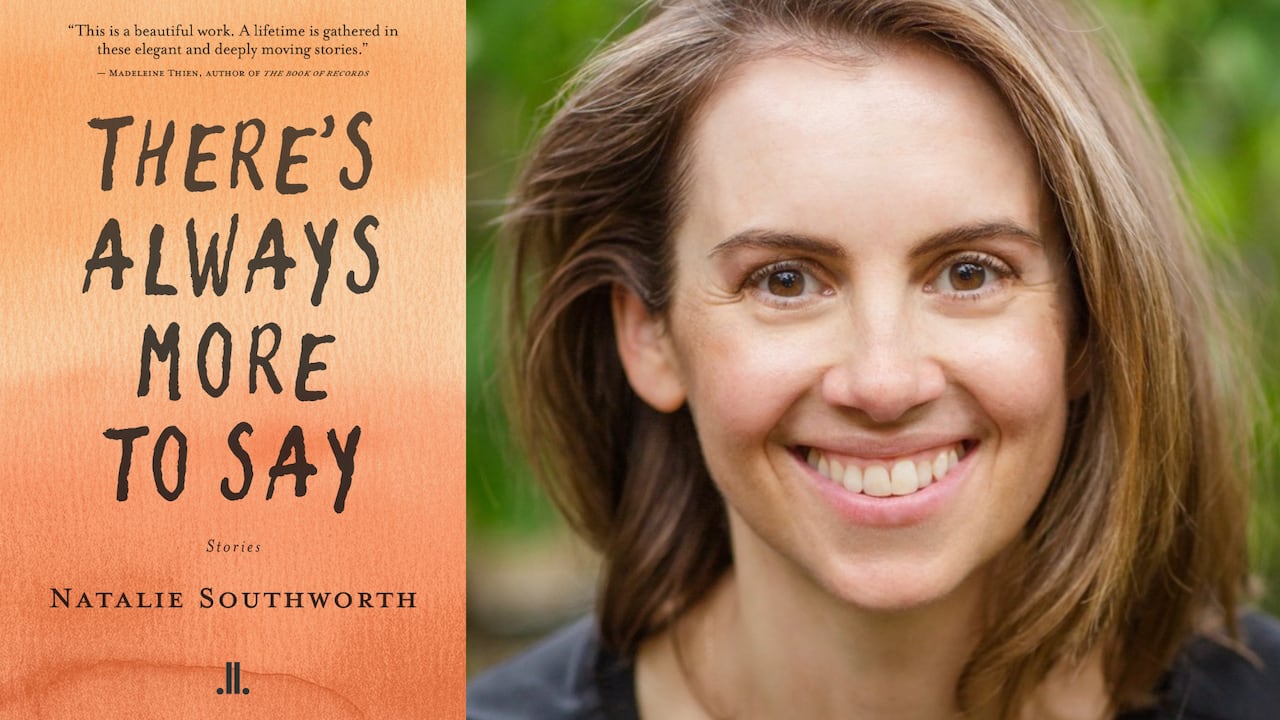An orange watercolour book cover. A headshot of a woman with brown hair smiling. 