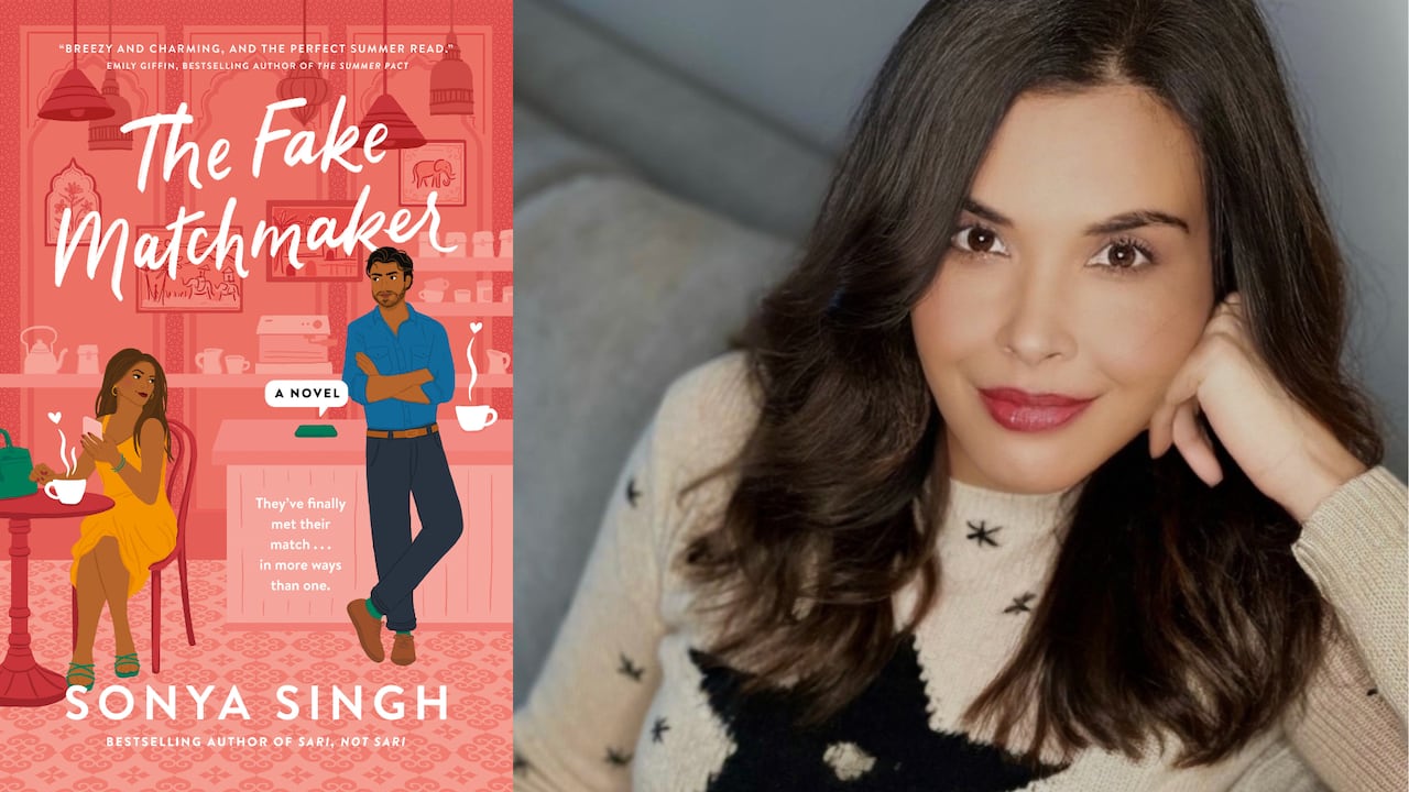 A pink book cover of a man and a woman looking at each other at a coffee shop. A headshot of a woman with long brown hair posing with her face resting on her hand.
