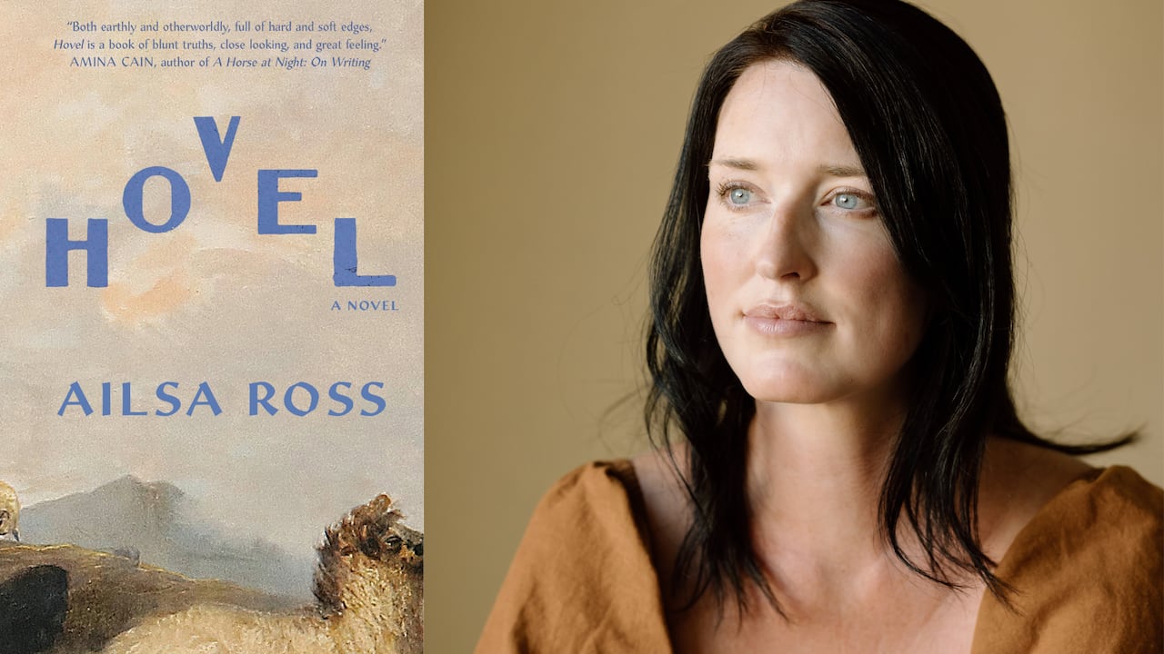 A book cover of a painting of a llama and a mountaintop. A headshot of woman and with black hair looking left.