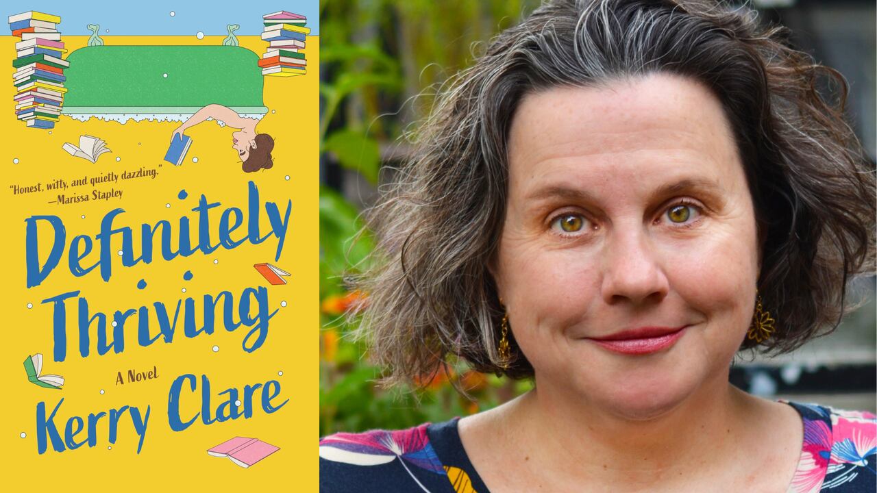 A yellow book of a woman reading a book in an upside-down bathtub. A headshot of a woman with a brown curly bob.