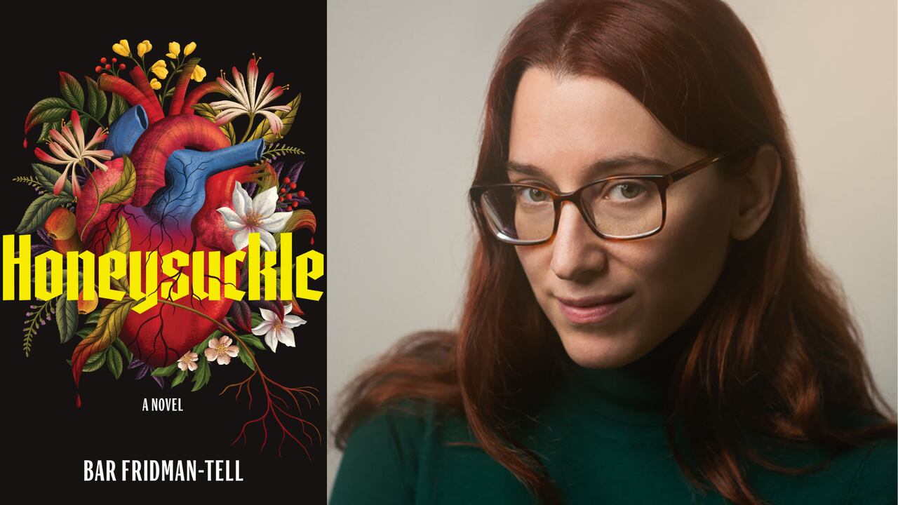 A book cover of a heart covered in flowers. A headshot of a woman with auburn hair and glasses.