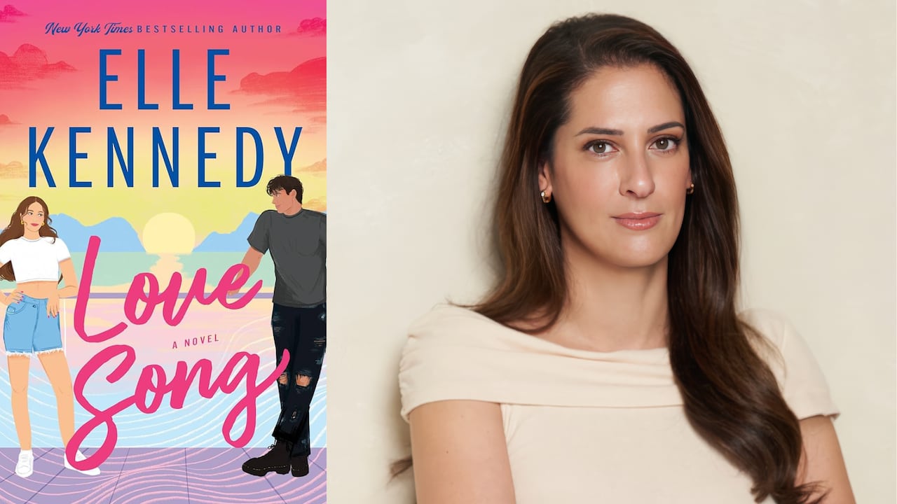 A cartoon book cover of a woman and man in front of a lake with mountains. A headshot of a woman with long brown hair.