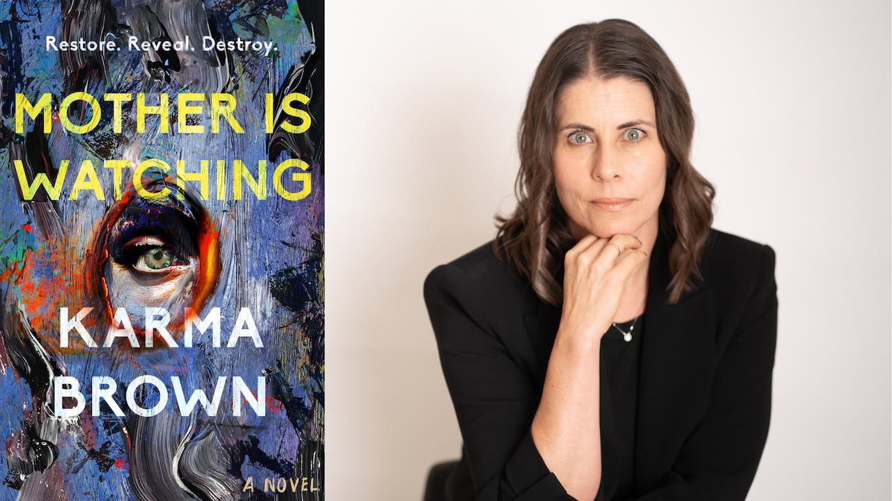 A book cover of a an eye poking through an abstract paint canvas. A headshot of a woman with brown hair with her head resting on her hand.