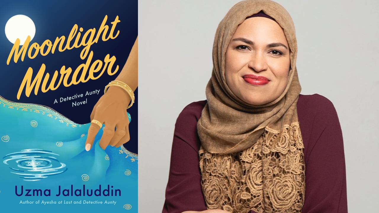A book cover of a moon reflecting into a piece of fabric. A woman wearing a hijab smiles at the camera.