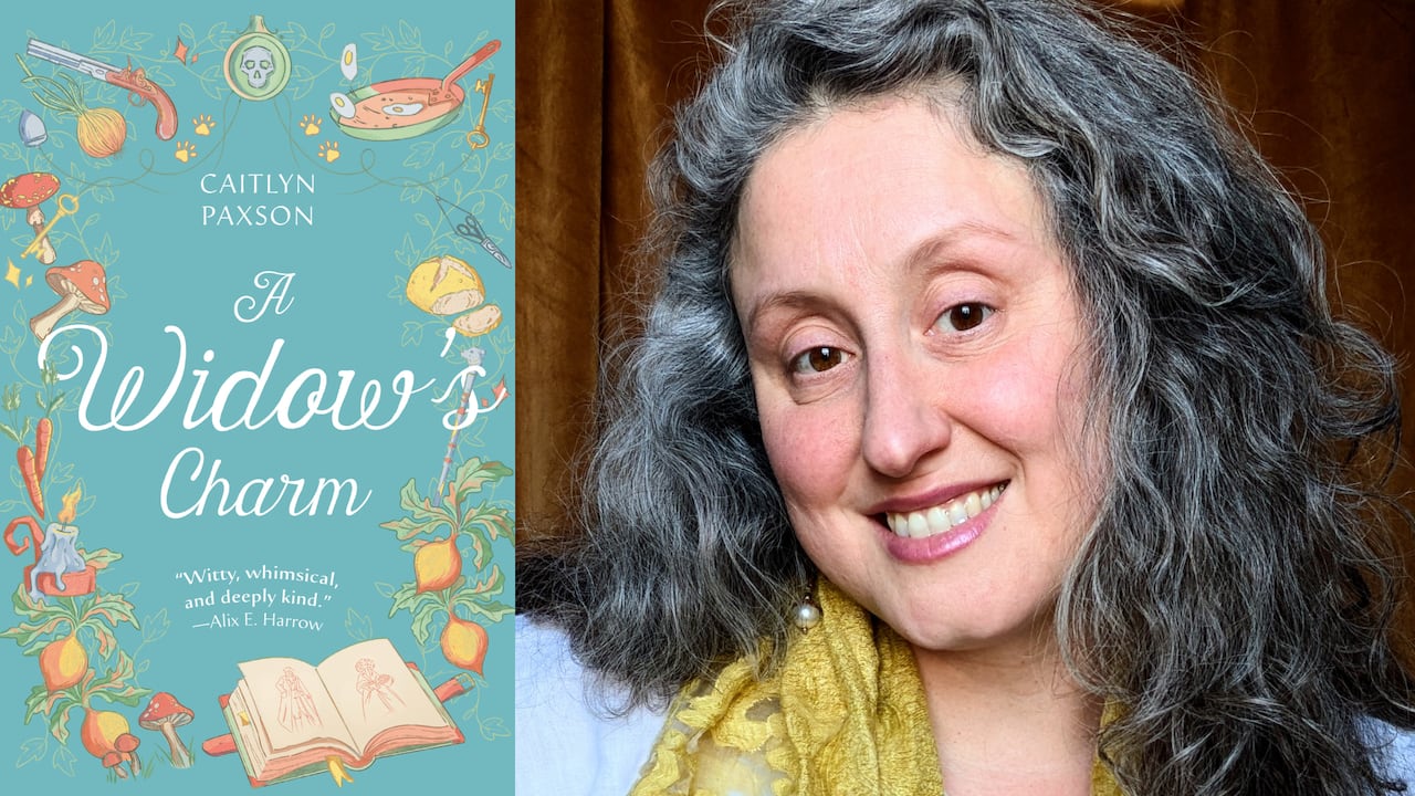 A teal book cover with a book and plants. A headshot of a woman with curly grey hair smiling.