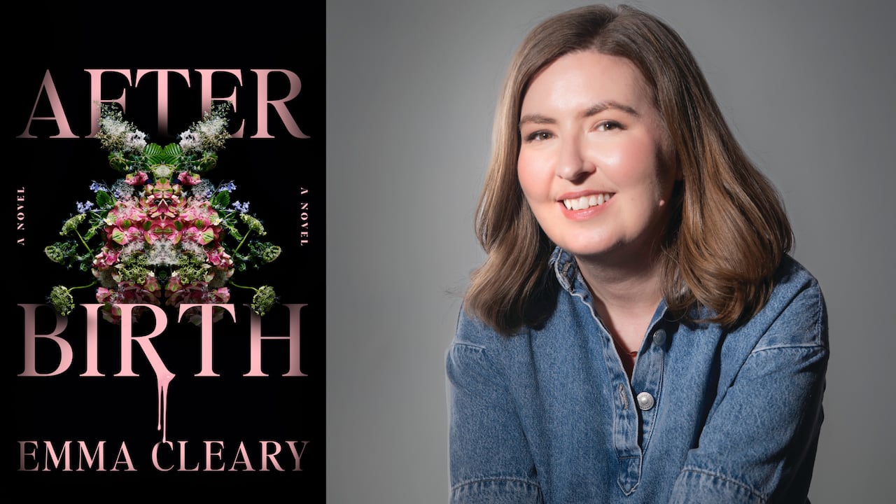 A black book cover with flowers on it. A headshot of a woman with brown hair smiling.