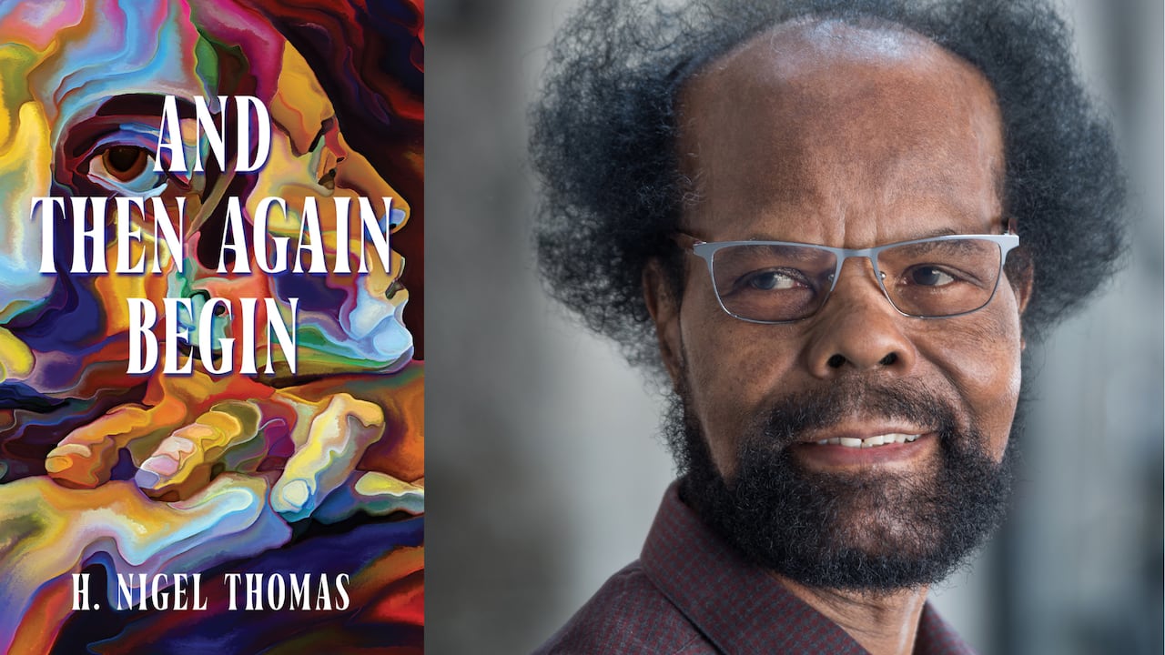 A colouful book cover of an abstract paining of two faces and hands. A headshot of a man wearing glasses looking left. 