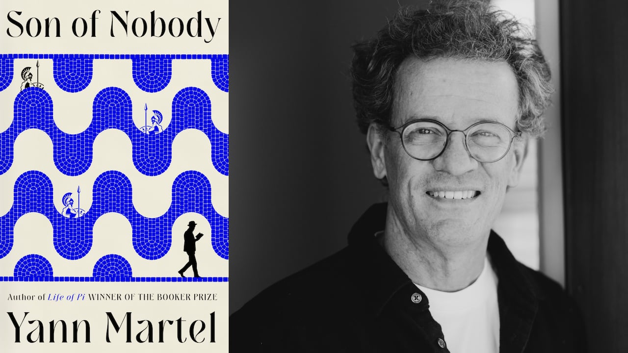 A blue and white book cover with the shadow of a man walking and reading. A black and white headshot of a man smiling and wearing glasses.