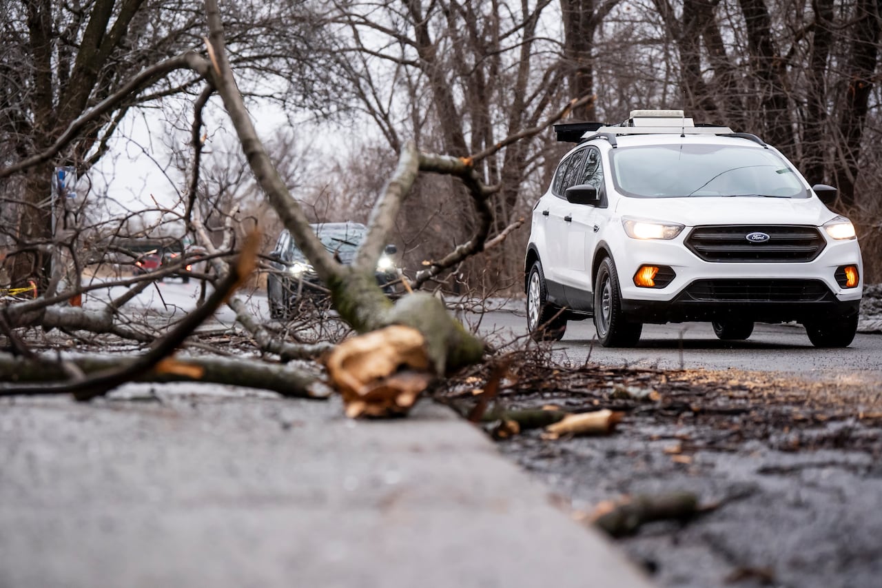 Cars drive past a fallen branch following a freezing rain event,