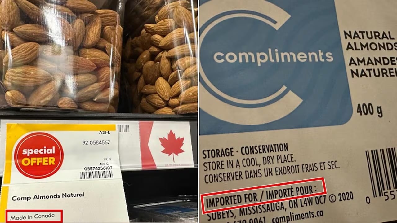 Two photos of raw almonds in packaging which indicates both Canadian and foreign origins.
