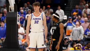 Tallest college basketball player ever towers over 6-foot-8 opponent in viral March Madness moment