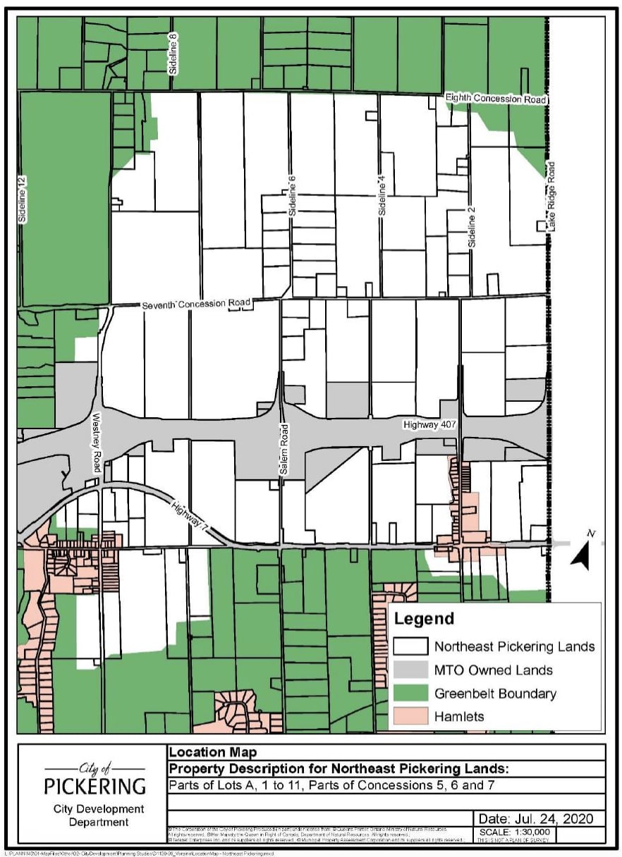 Map showing lands being considered for development in pickering