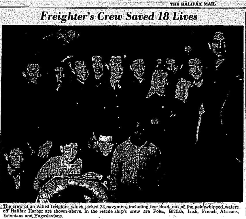 A black-and-white photo shows some of the people who assisted with surviving HMCS Otter crew