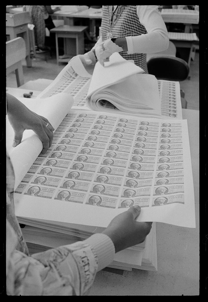 Sheets of gasoline rationing stamps photographed at the Bureau of Engraving & Printing in Washington, D.C. on Jan. 31, 1974.