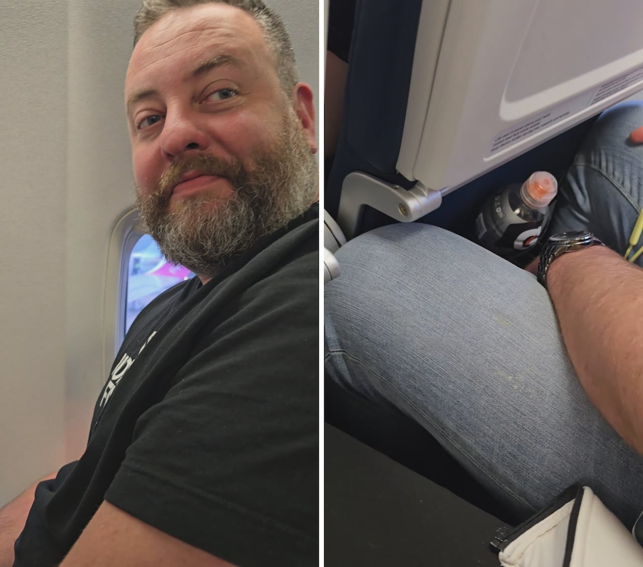 A man wearing a black tshirt and jeans sits on an airplane.