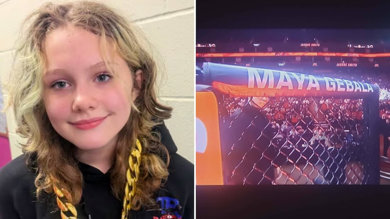 A little girl, and a net that says Maya Gebala.