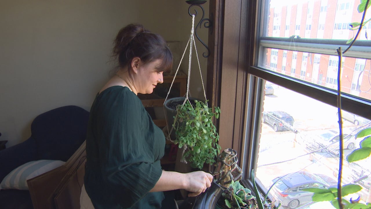 Christina McKay watering her plants along the window sil in her apartment.