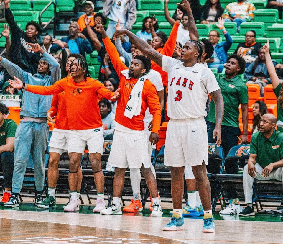 Florida A&M Rattlers guard Jaquan Sanders drains a three pointer as teammates celebrate in a 66-58 NCAA Southwestern Athletic Conference win versus the Alcorn State Braves at the Al Lawson Jr. Multipurpose Center in Tallahassee, Florida, Saturday, Jan. 24, 2026.