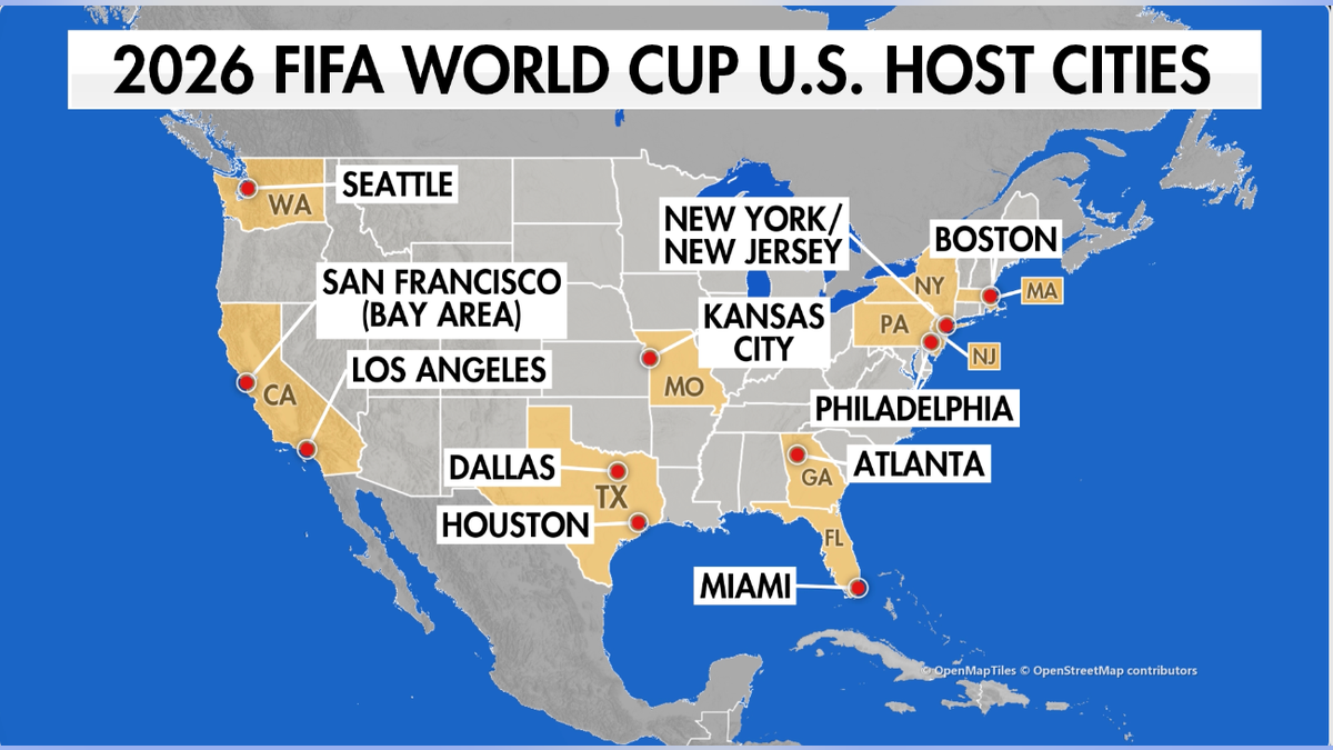 Map showing host cities for the 2026 FIFA World Cup across the United States, Mexico and Canada.