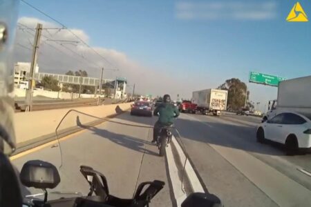 Search continues for daredevil motorcyclist seen evading cops on freeway