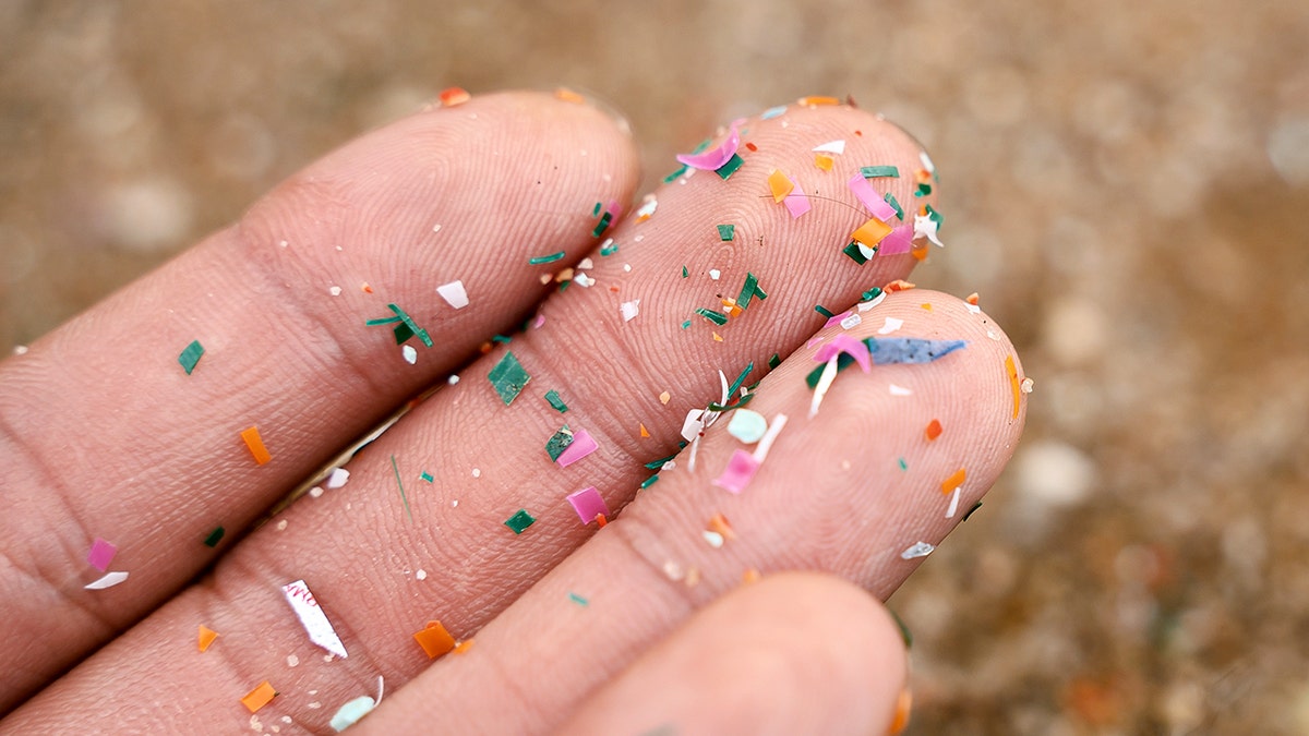 Close up side shot of microplastics lay on people hand. Concept of water pollution and global warming. Climate change idea. micro plastics concept in food and water or sea