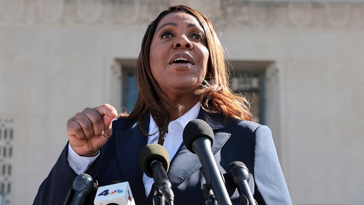 New York Attorney General Letitia James speaks outside courthouse