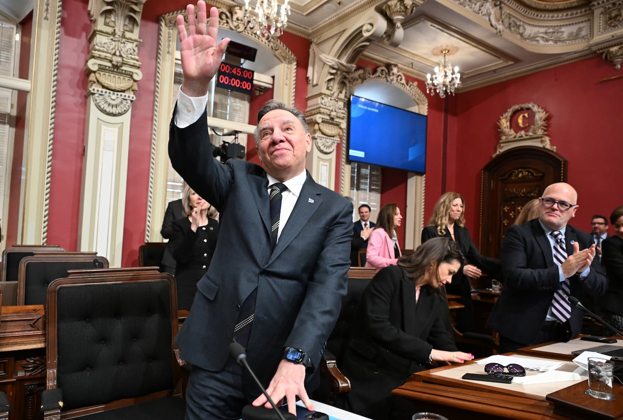 Quebec Premier Francois Legault waves toward the stands as he attends his last question period as Premier at the legislature in Quebec City, Thursday, April 2, 2026.