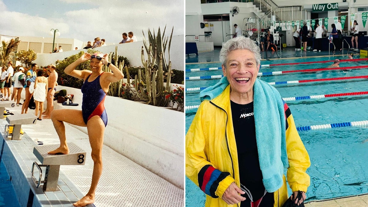 Split image showing Jane Asher as a young athlete posing on a starting block and as an older woman smiling poolside at a swim meet.