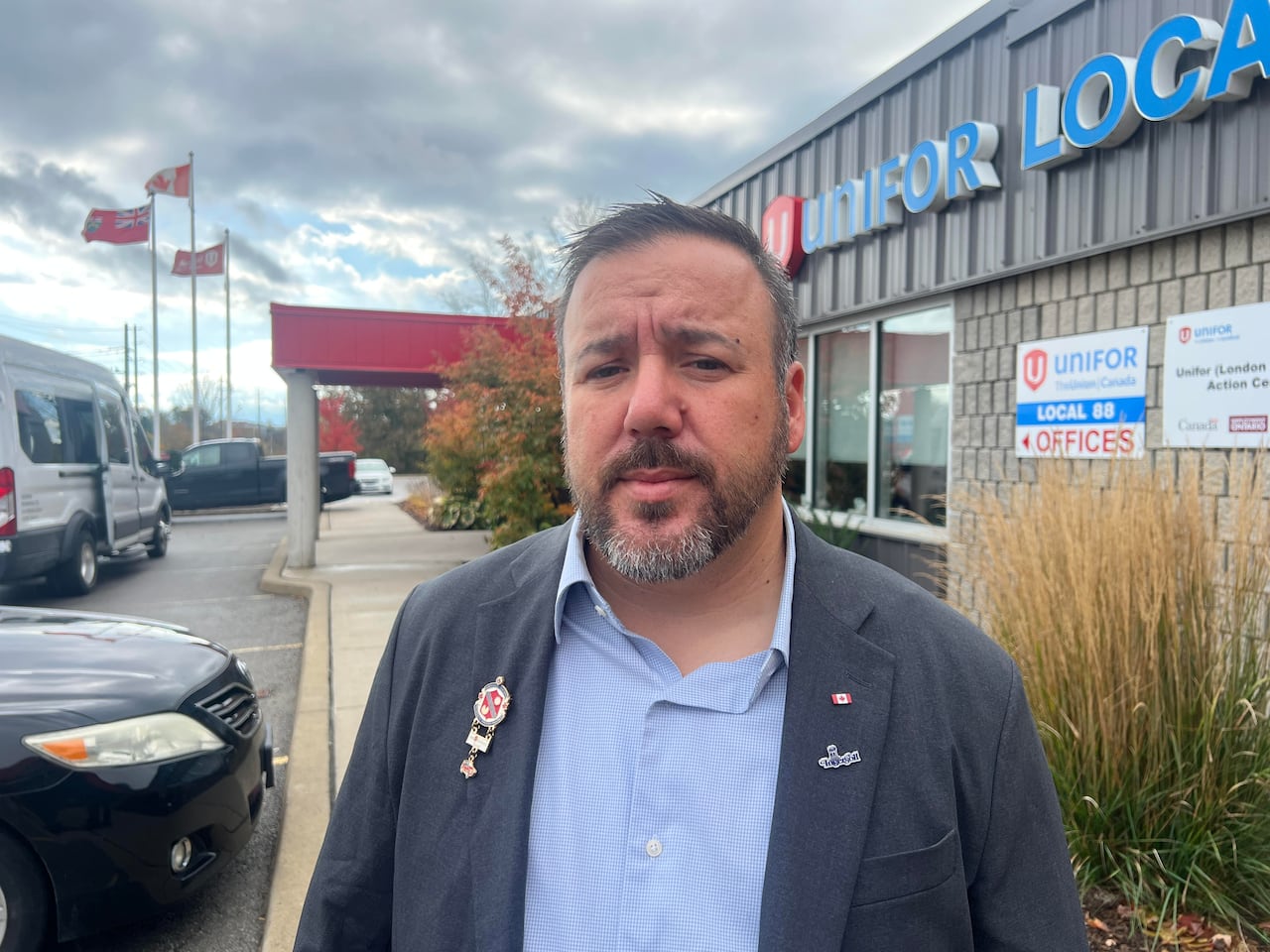 Ingersoll Mayor Brian Petrie outside the UNIFOR office in Ingersoll, Ont.