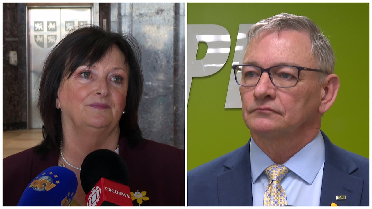 A collage photo of two people. On the left, a woman speaks into two microphones in Confederation Building. On the right, a man wearing a suit stands in front of a green wall.