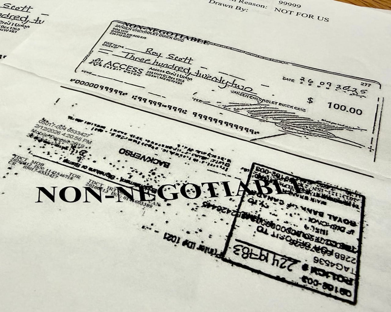 A print out of a cheque.