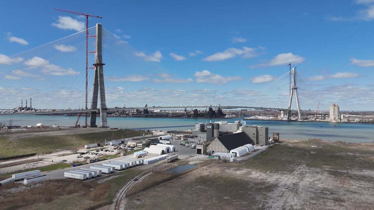 Bridge in the background with Windsor Salt building in the front. Taken from a drone