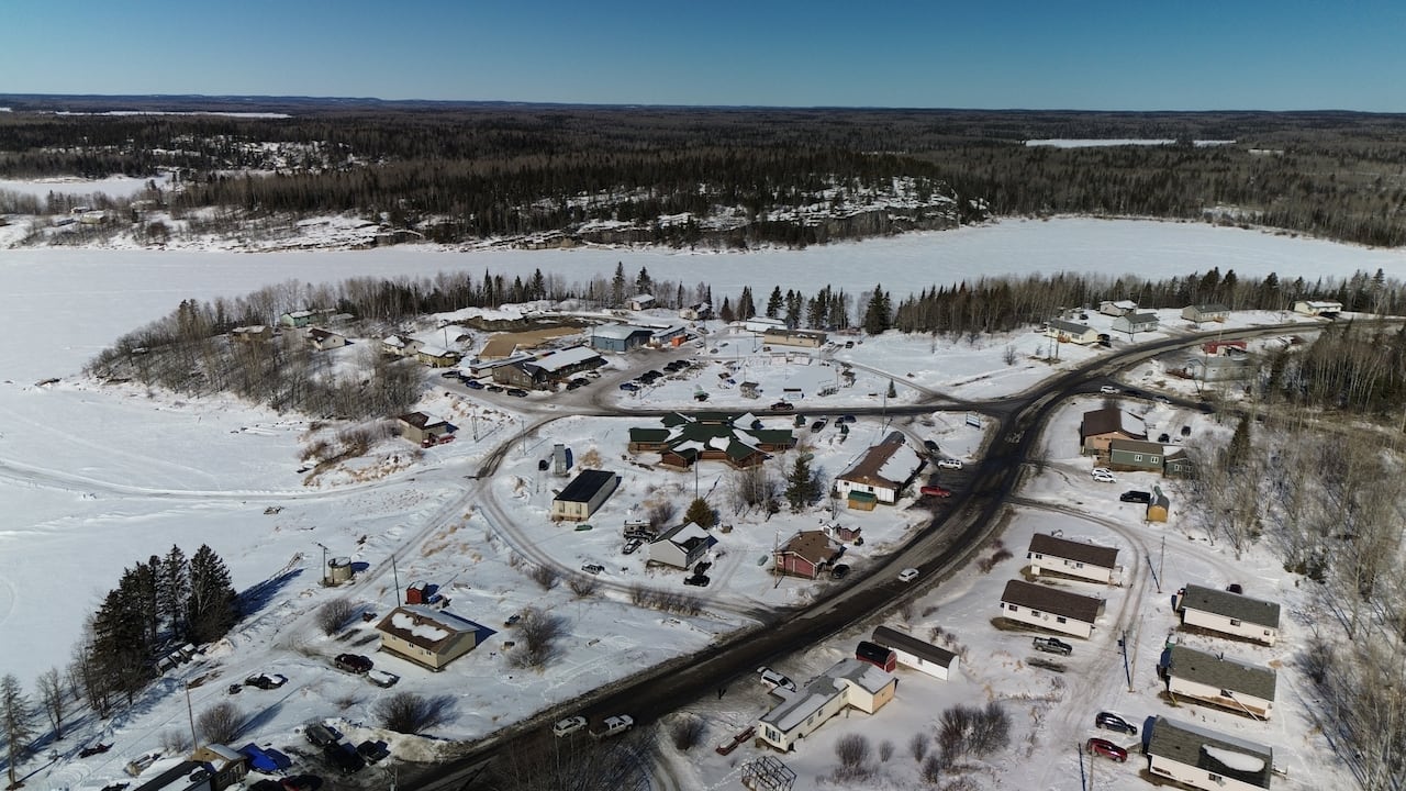 An aerial shot of a small community in the winter.