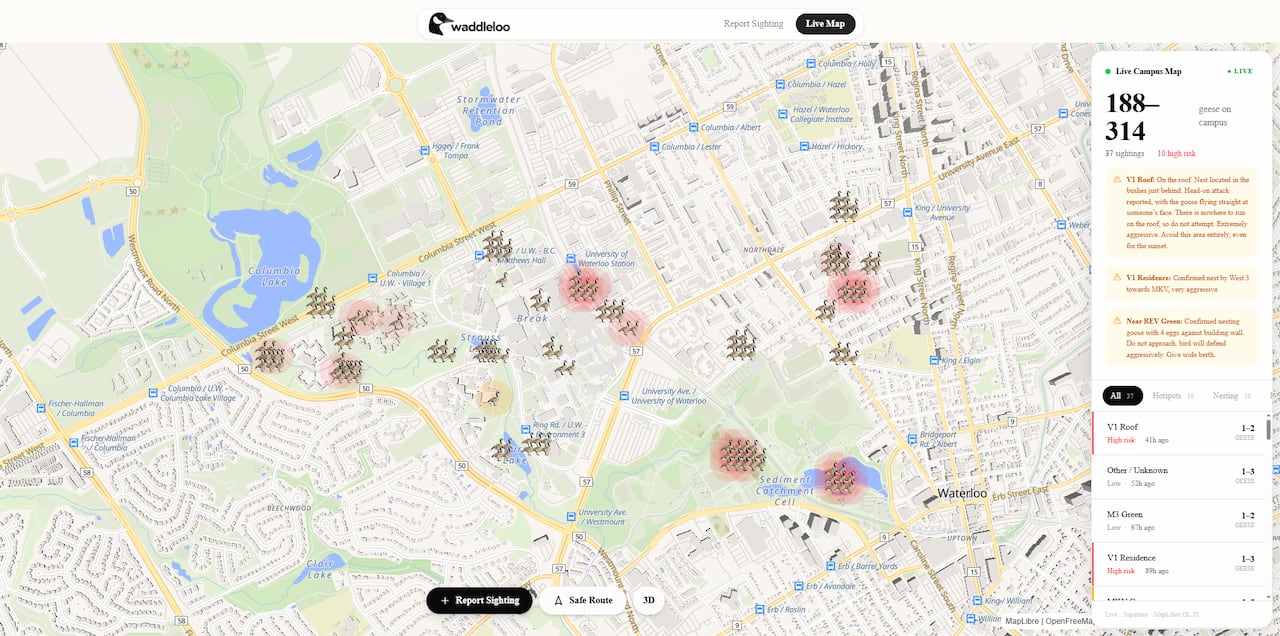 Waddleloo works similarly to Google Maps. Students can enter their start and end goal, and the map determines the safest route to avoid Canada Geese.
