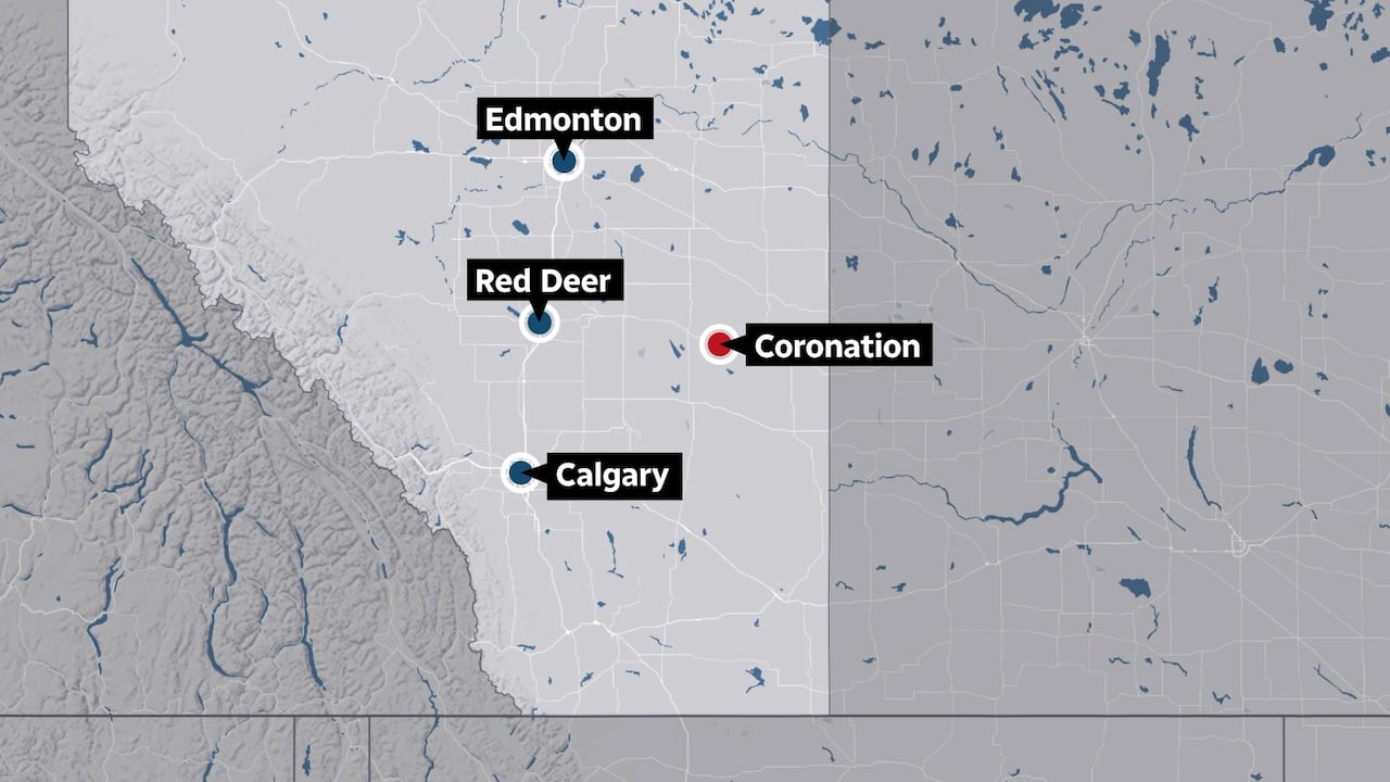 Map marking a few towns and cities in Alberta.