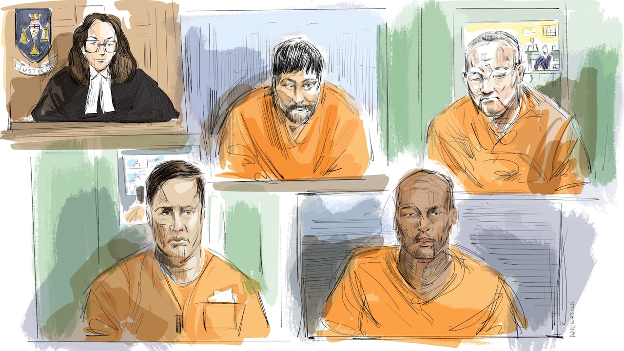 A court sketch showing four men in orange jail garb and a judge in the top left 