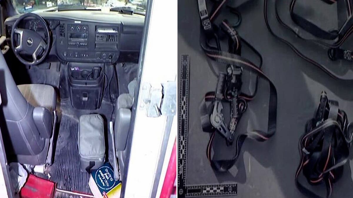 Split photo of the interior the FedEx truck and bungee cords