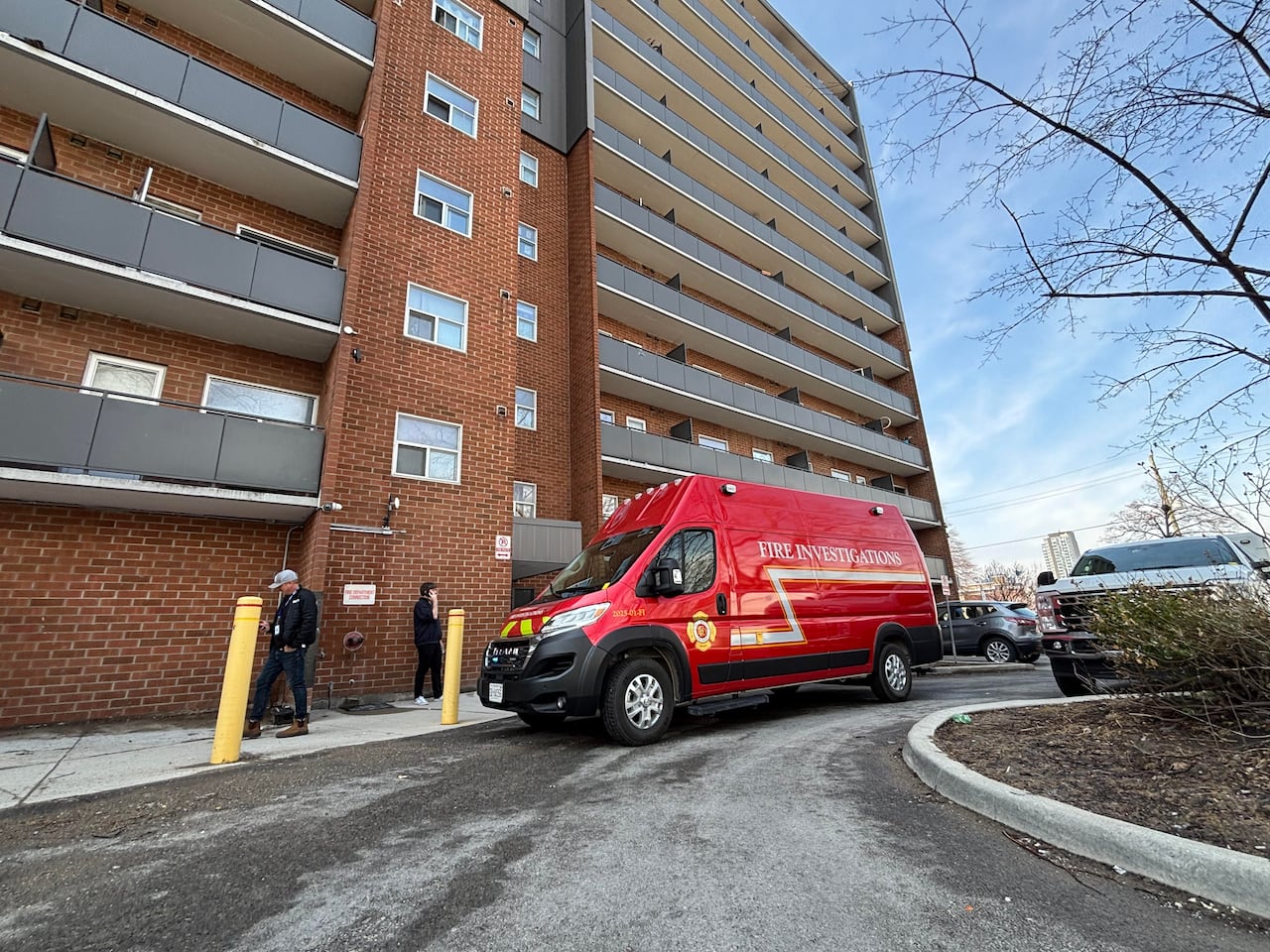 Fire crews at the scene of a fire that broke out on the sixth floor of 241 Simcoe Street early Saturday morning.