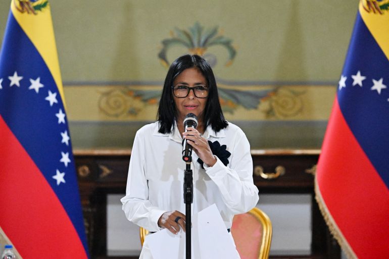 Venezuela's interim President Delcy Rodriguez speaks during a press conference after a signing of an agreement ceremony between Chevron Venezuela and the national government at the Miraflores Palace in Caracas on April 13, 2026.