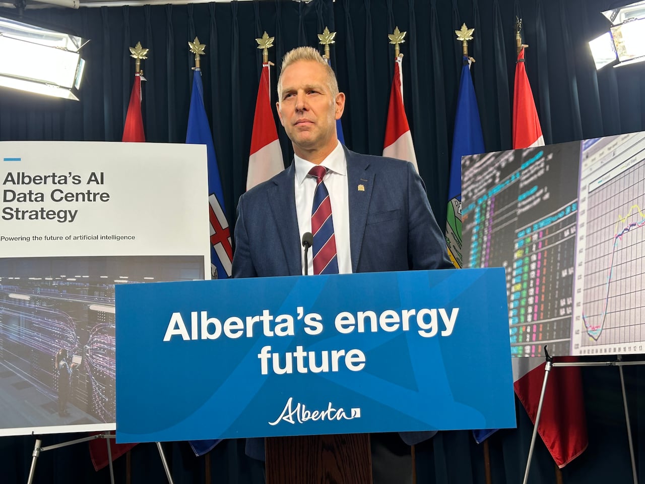 A blond man stands in front of a lectern reading "Alberta's energy future." He is wearing a navy jacket and red and blue-striped tie. In the background are graphs and pictures of banks of computers.