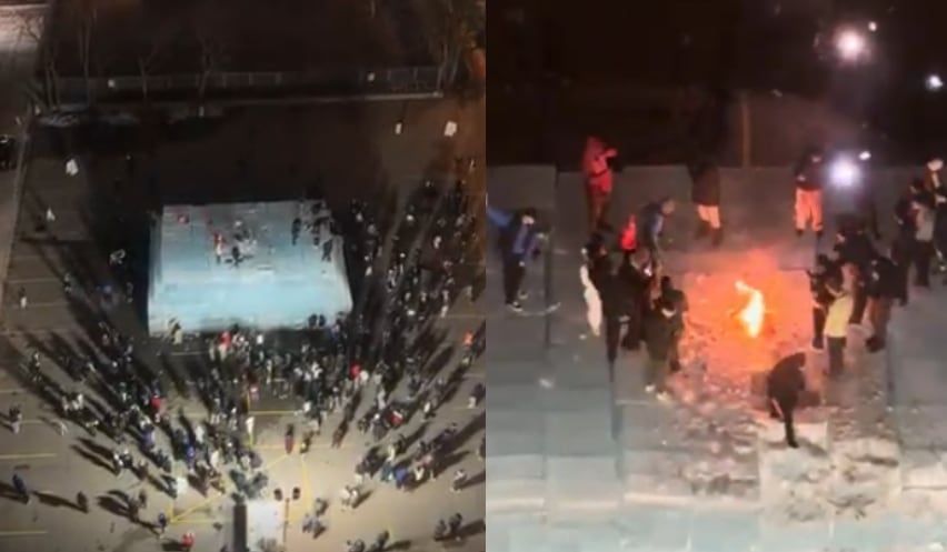 Crowds around a massive pile of ice blocks in downtown Toronto and another photo of people on top of the ice pile, around an open flame.