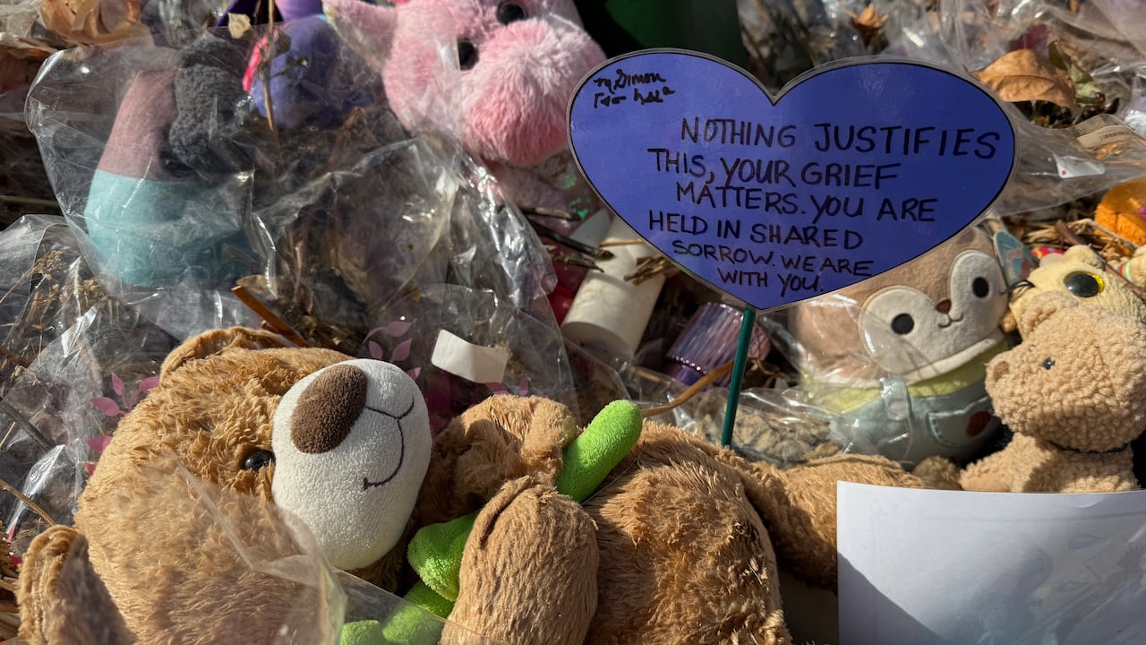 A purple heart with a message was laid at the memorial site outside the town's community centre by Governor General Mary Simon during her April 27, 2026 visit.