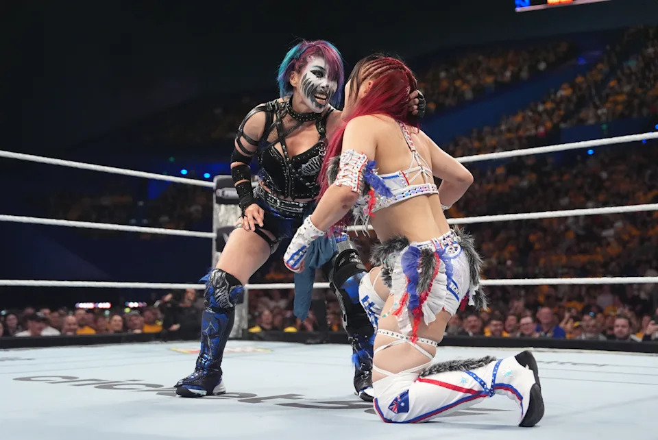 PERTH, AUSTRALIA - OCTOBER 11: Asuka in action against Iyo Sky during Crown Jewel at RAC Arena on October 11, 2025 in Perth, Australia. (Photo by Rich Freeda/WWE via Getty Images)
