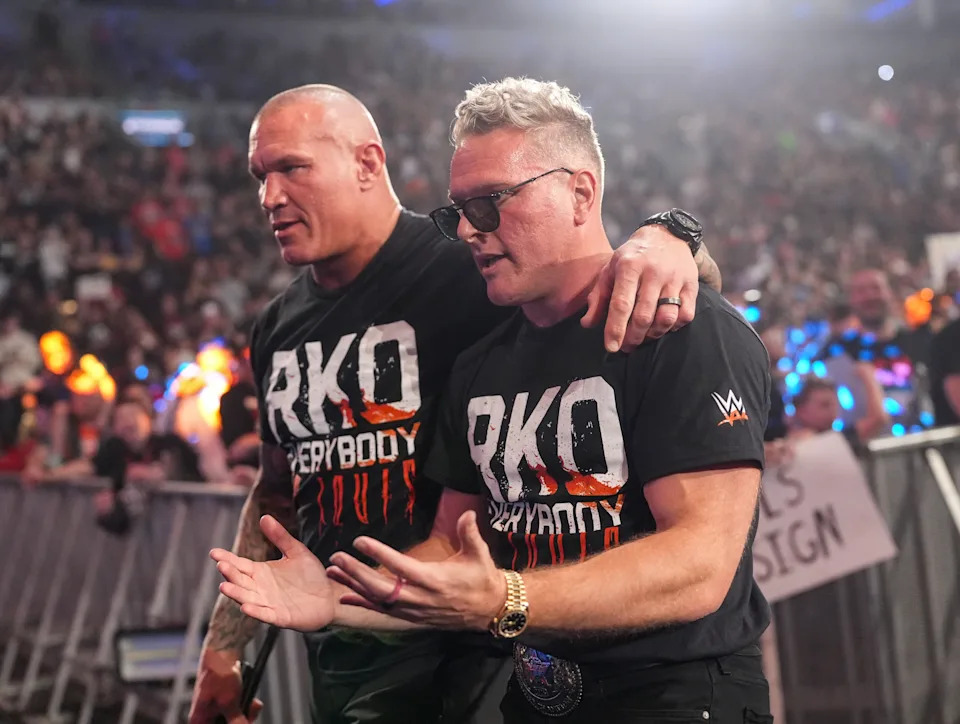 ST LOUIS, MISSOURI - APRIL 3: Pat McAfee (R) joins forces with Randy Orton (L) during SmackDown at Enterprise Center on April 3, 2026 in St Louis, Missouri.  (Photo by Craig Melvin/WWE via Getty Images)