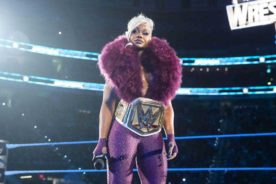 RALEIGH, NORTH CAROLINA - MARCH 20: Jade Cargill calls out her WrestleMania opponent during SmackDown at Lenovo Center on March 20, 2026 in Raleigh, North Carolina.  (Photo by Craig Melvin/WWE via Getty Images)