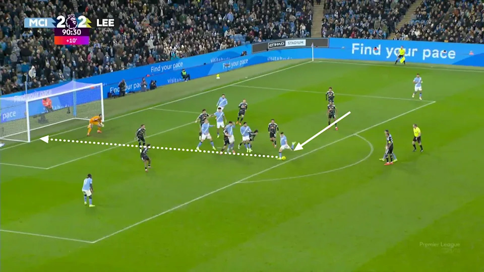 Screengrab from City's winner against Leeds in which Foden, starting as a right winger cuts inside and shoots from the centre of the box.