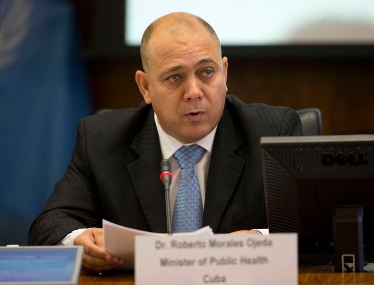 Cuba's Health Minister Dr. Roberto Tomas Morales Ojeda speaks at the World Health Organization (WHO) to announce that Cuba is world's first country to receive validation of having eliminated mother-to-child transmission of HIV and Syphilis, Tuesday, June 30, 2015, at Pan American Health Organization/World Health Organization (PAHO/WHO) headquarters in Washington. (AP Photo/Pablo Martinez Monsivais)
