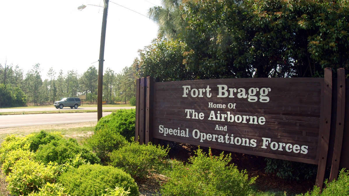 A sign showing Fort Bragg information in Fayetteville, North Carolina